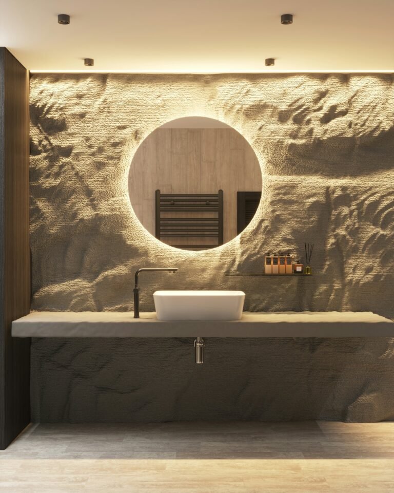 LED bathroom mirror with front and backlight over a vanity