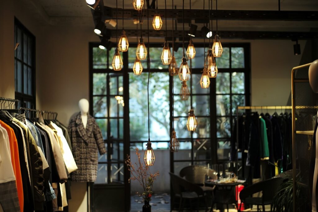 Pendant lamps glowing inside a lighting store