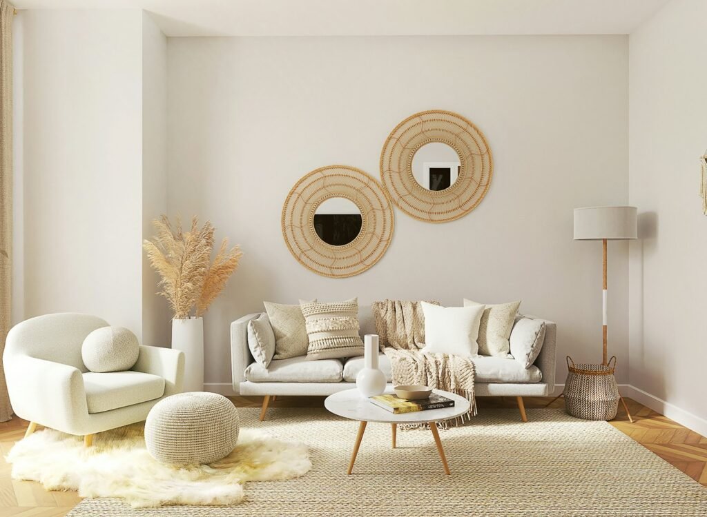 Small apartment living room with a sofa, coffee table, and a large mirror reflecting daylight