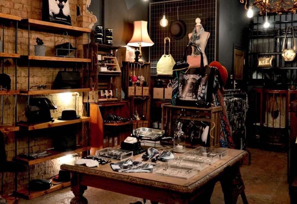 Interior of a design store with furniture and lighting on display