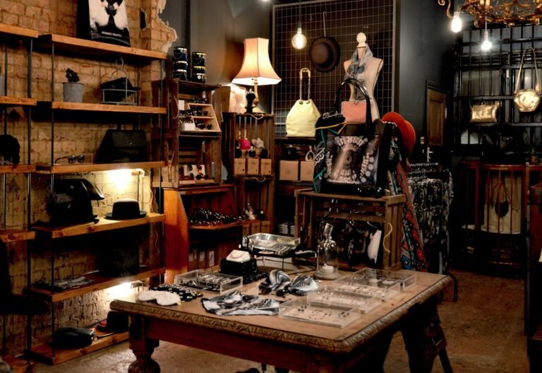 Interior of a design store with furniture and lighting on display