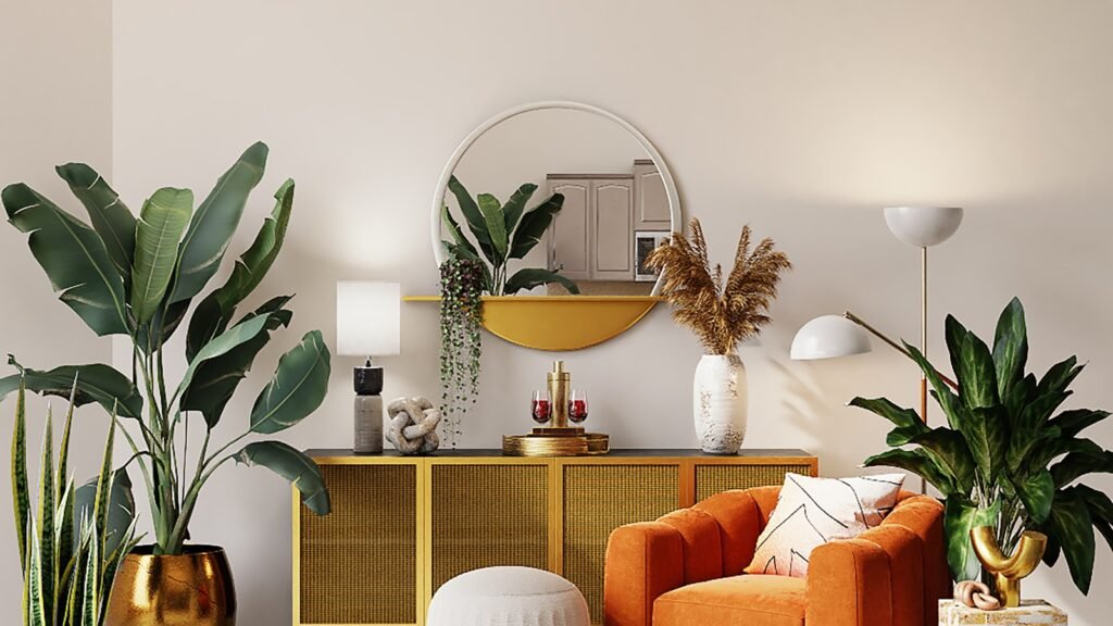 Living room with chocolate brown walls, curved sofa, and layered vintage furniture reflecting 2026 NYC interior design trends