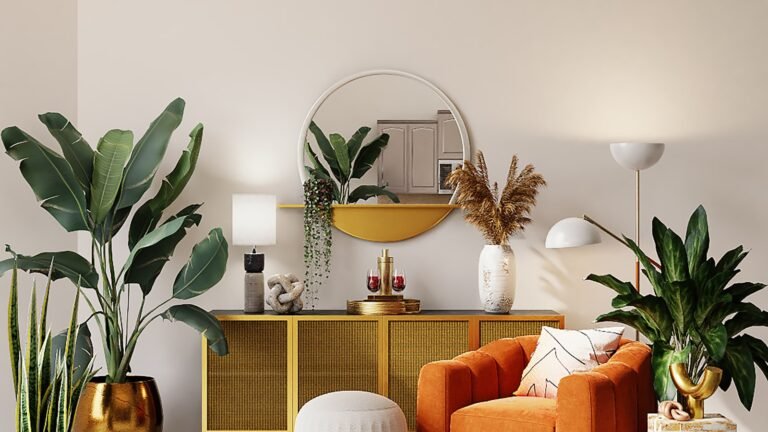 Living room with chocolate brown walls, curved sofa, and layered vintage furniture reflecting 2026 NYC interior design trends