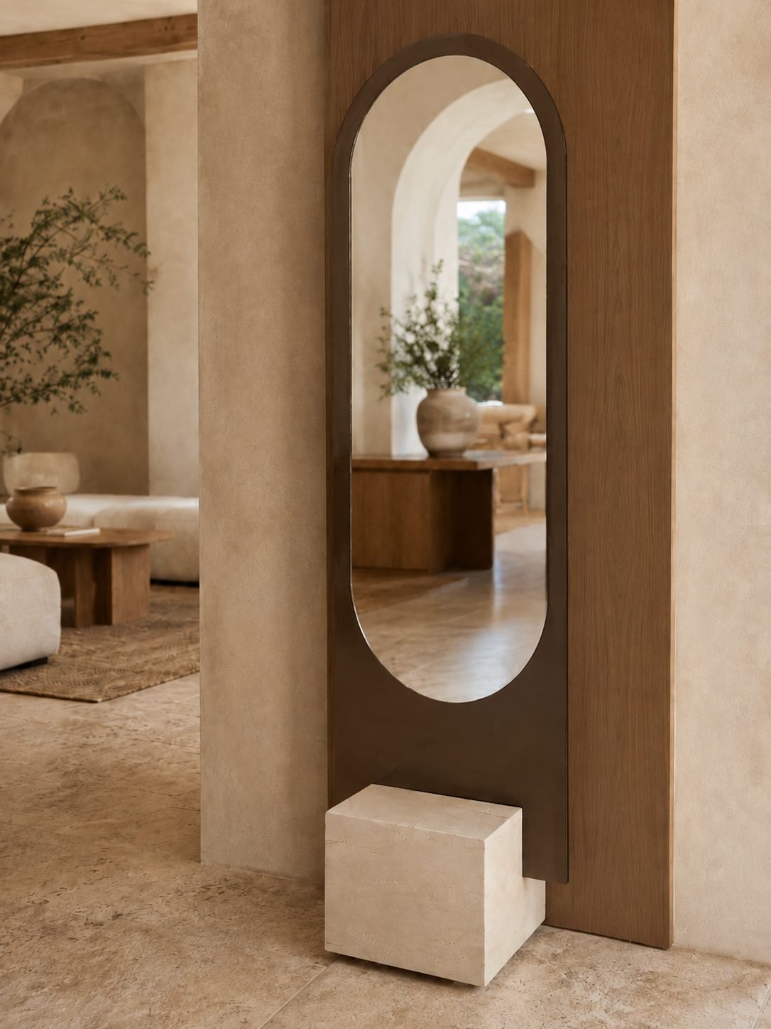 Alice mirror beside a travertine plinth